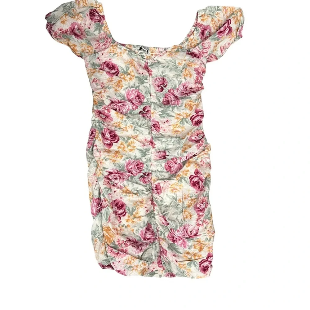 American Eagle Women’s Small CottonLinen Ruched Smocked Puff Sleeve Floral Dress